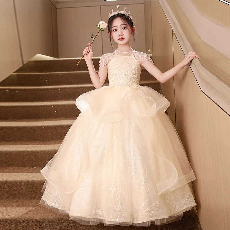 3 스타일 여자 공주 드레스 3-8T 라이트 럭셔리 홀터넥 구슬 오프 어깨 Tassels 댄스 파티 드레스 골든 스팽글 꽃의 소녀 드레스