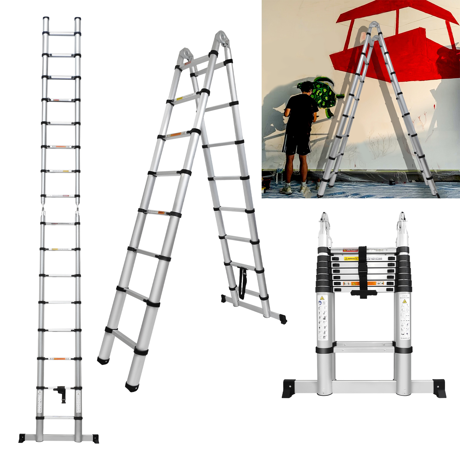 Escaleras plegables de 5M / 2,5M+ 2,5M Un marco de aluminio extensible 16 pasos 150kg máx. para el constructor de bricolaje de trabajo en casa de negocios