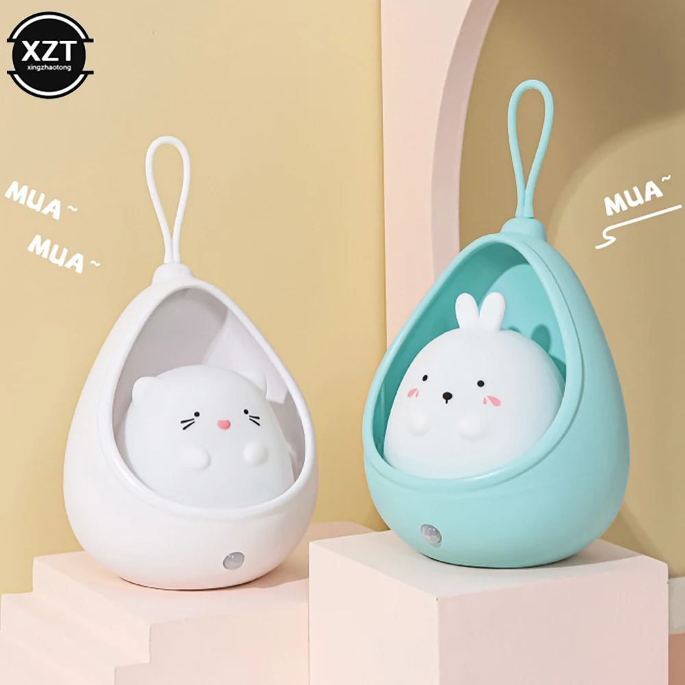 Luz LED nocturna con Sensor de Control, lámparas de inducción humana con animales bonitos para niños, dormitorio, luces de pared de silicona recargables por USB