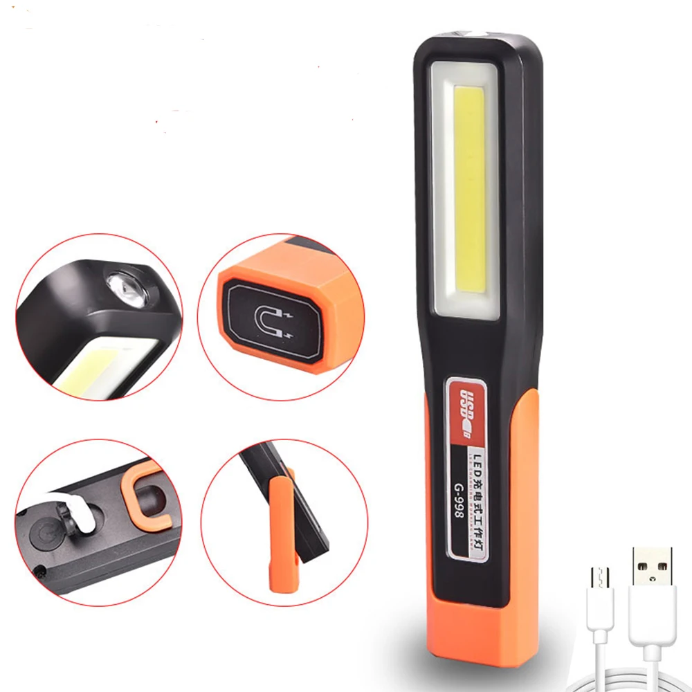 Poderosa cob led luz de trabalho carro garagem mecânico lâmpada usb recarregável lanterna tocha magnética luz de advertência de emergência