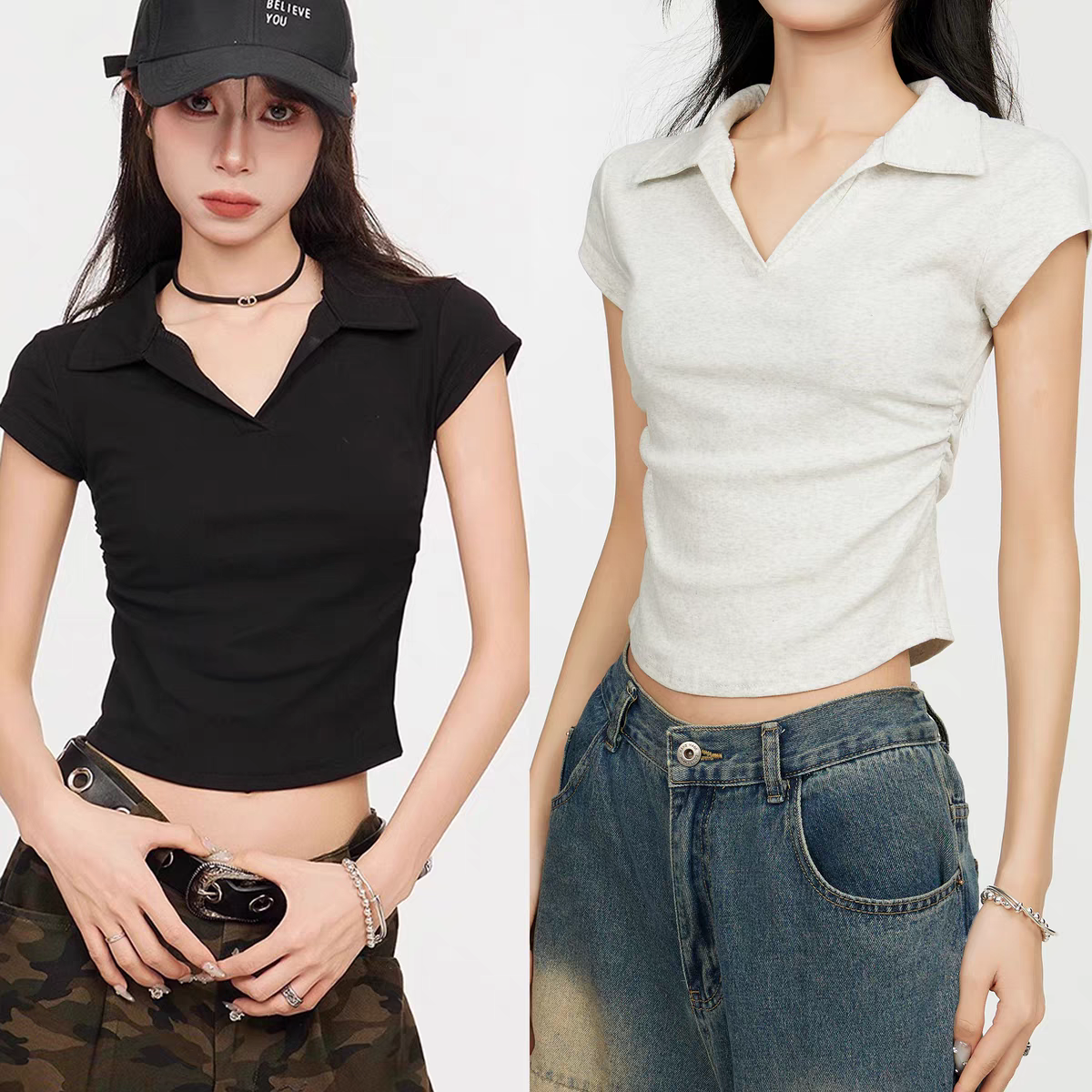 Camiseta Sexy de algodón para mujer, Top corto liso básico ajustado, Polo de manga corta, camiseta informal para mujer