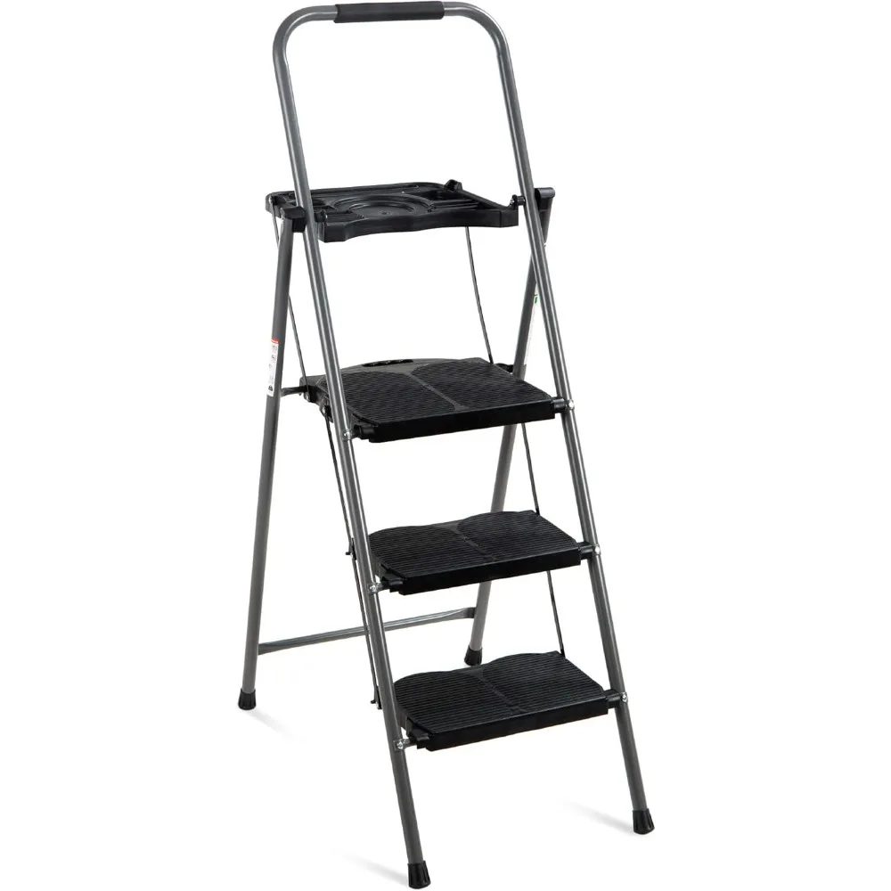 3-Step Ladder with Tool Tray, Portable Folding Wide Anti-Slip Step Stool, Hand Grip for Home and Office, 33