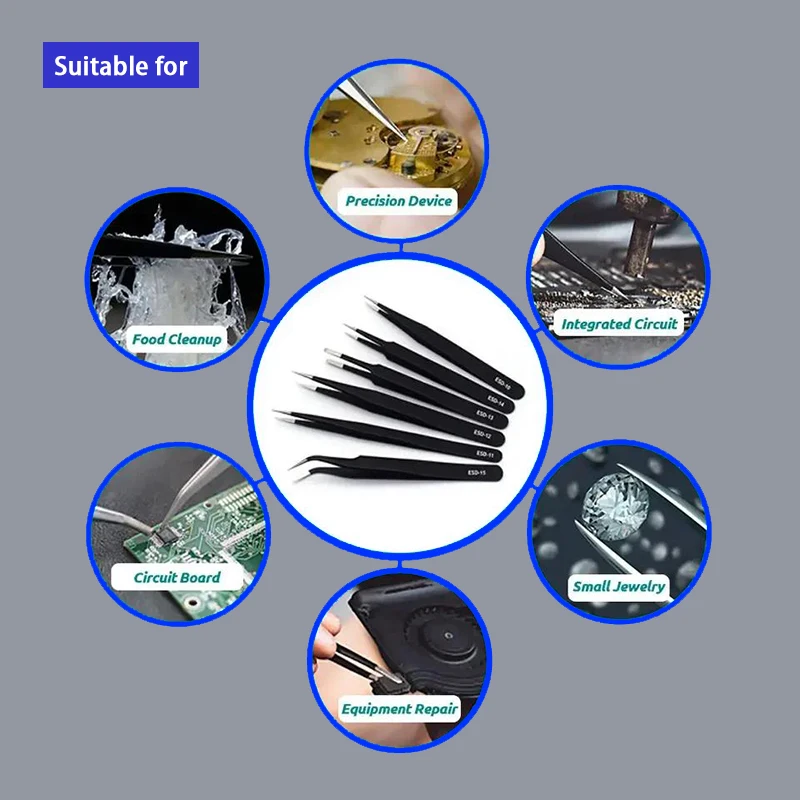 ESD แหนบสแตนเลส 6 ชิ้นชุด Precision Maintenance อุตสาหกรรมซ่อมโค้งเครื่องมือบ้านทํางานชุดทํามือเครื่องมือ