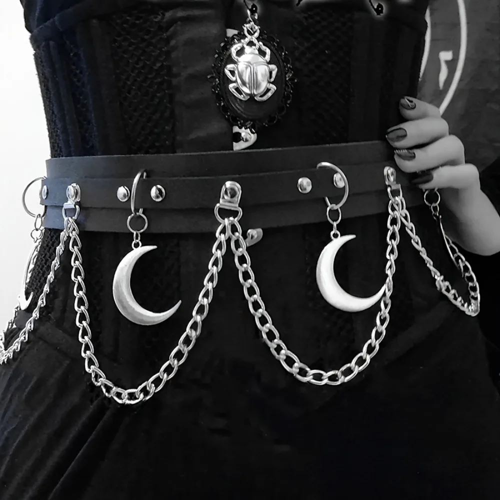 Witches Statement-Gürtel aus veganem Leder, Mond-Herz-Kreis-Kettengürtel, Gothic-Rock, Vintage-Bund für Frauen und Mädchen