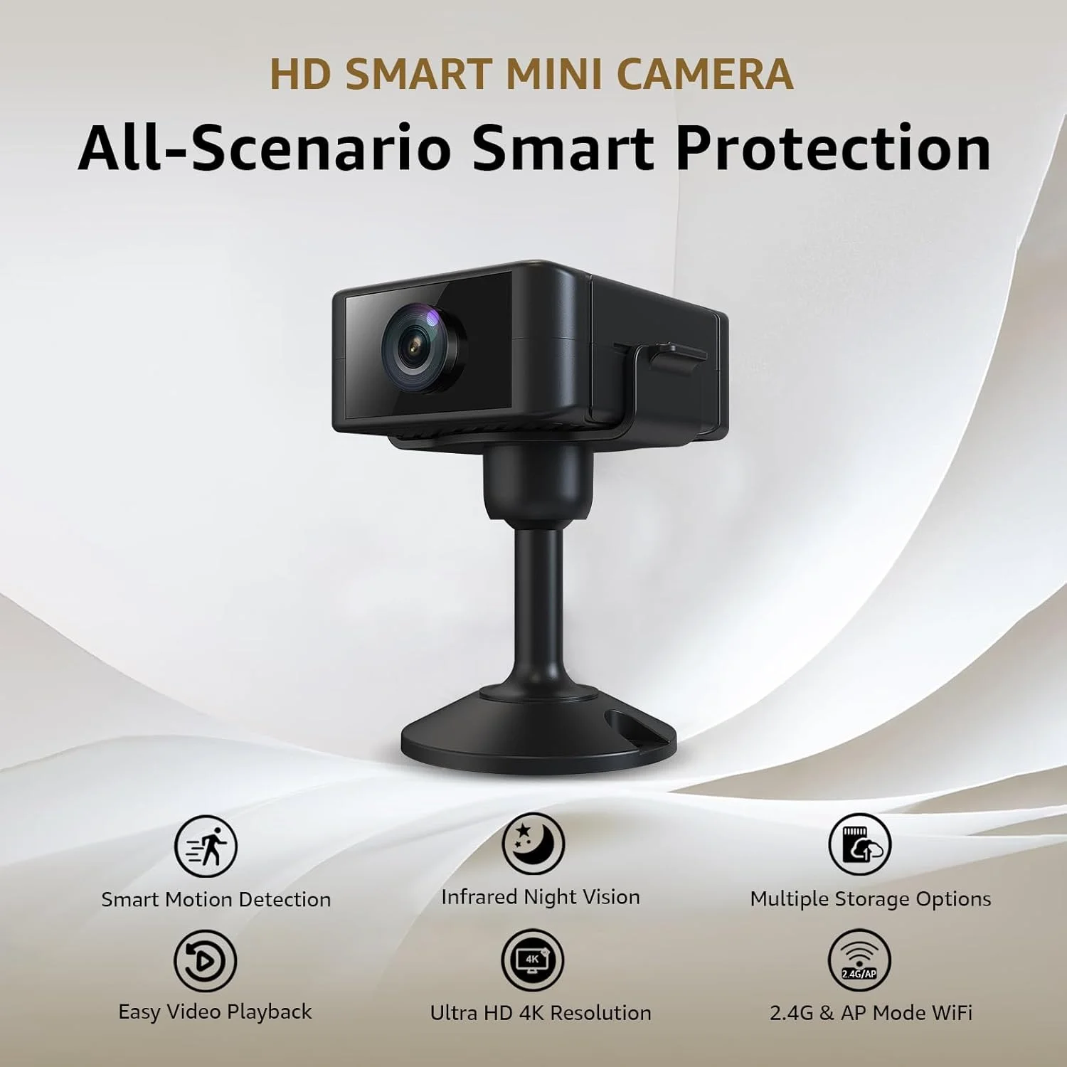 Cámara pequeña 4K con función de disparo nocturno. Batería de 4 horas. Con detección de movimiento para almacenar datos en SD o en la nube. Viene con control de aplicación móvil para proporcionar alertas en tiempo