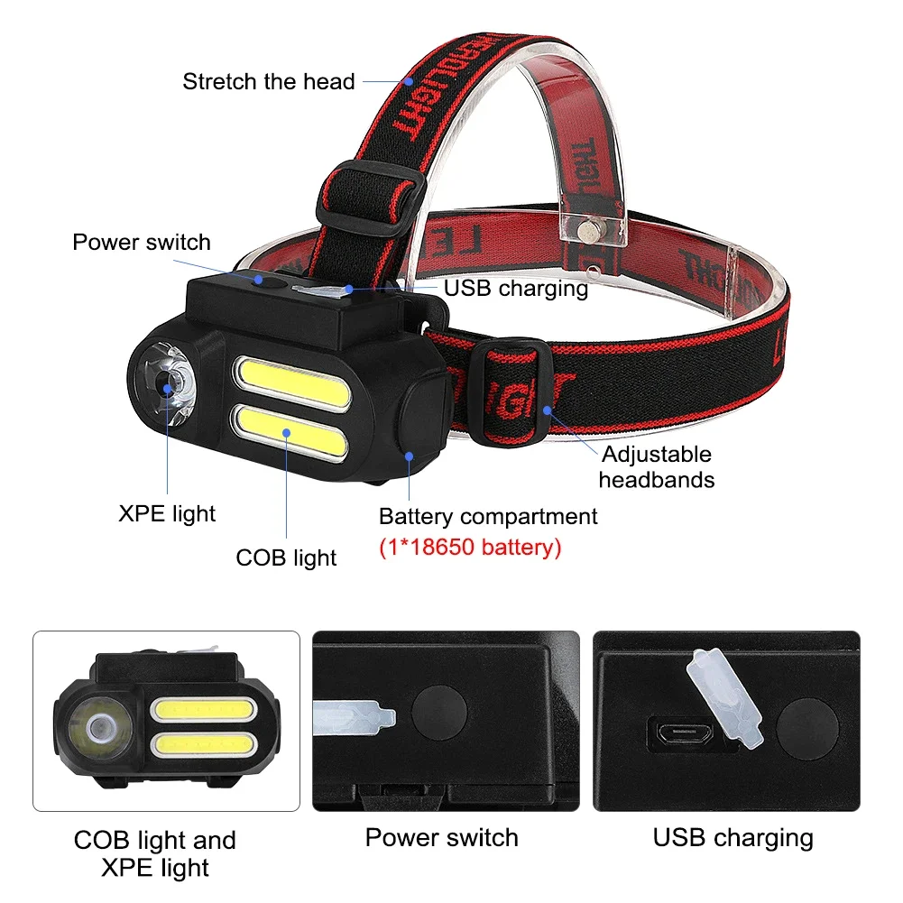 Mini faro LED portátil XPE + COB, recargable por USB, con batería 18650, luz para acampar al aire libre, faro para pesca nocturna