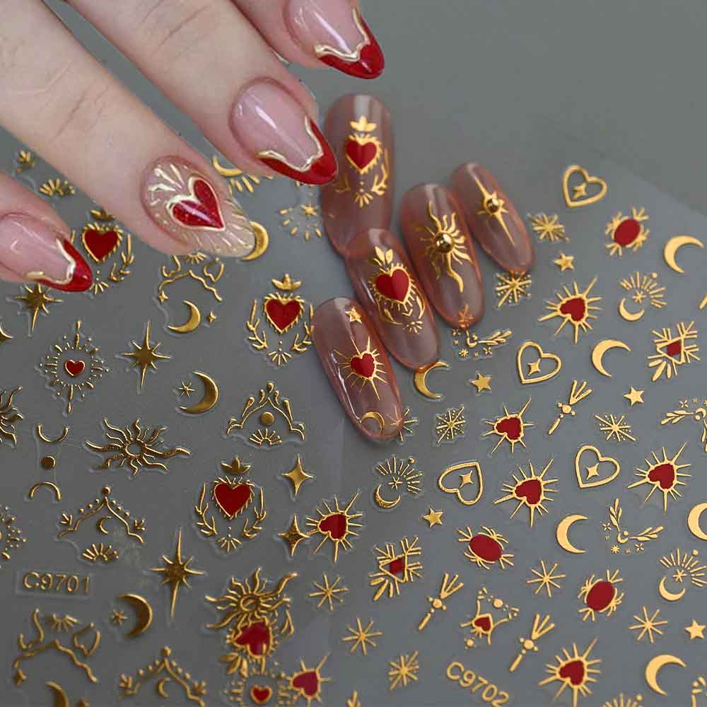 1pcs 3D Bronzing Gold Love Heart Nail Art Stickers Y2K Holographic Stars Sun Sliders Starlight DIY Decals Manicure Decoration