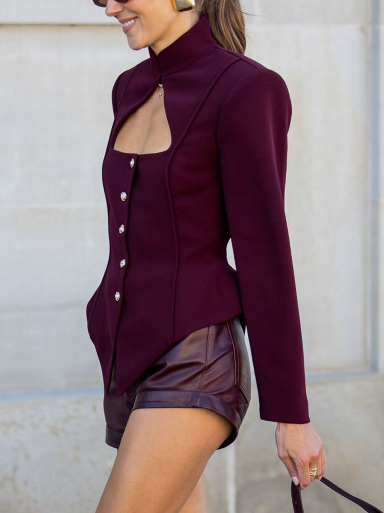 TWOTWINSTYLE Solide Aushöhlen Chic Mäntel Für Frauen Stehen Kragen Langarm Verstärktes Taste Abnehmen Jacken Weibliche Mode Neue