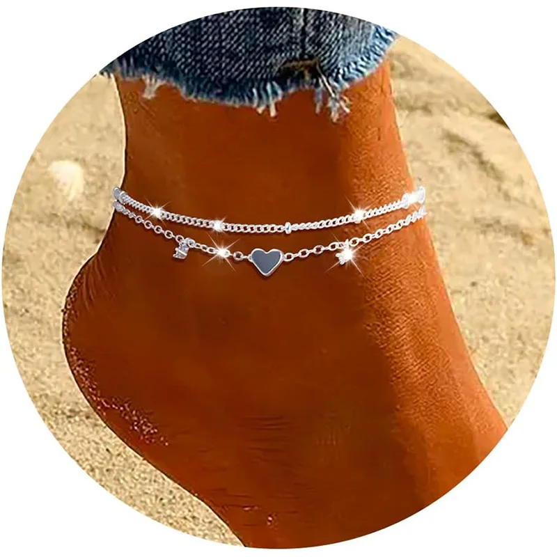 Pulseira de tornozeleira cz banhada a prata para mulheres, meninas, tendência, novo, à prova d'água, coração, camada delicada, corrente, joias, presentes