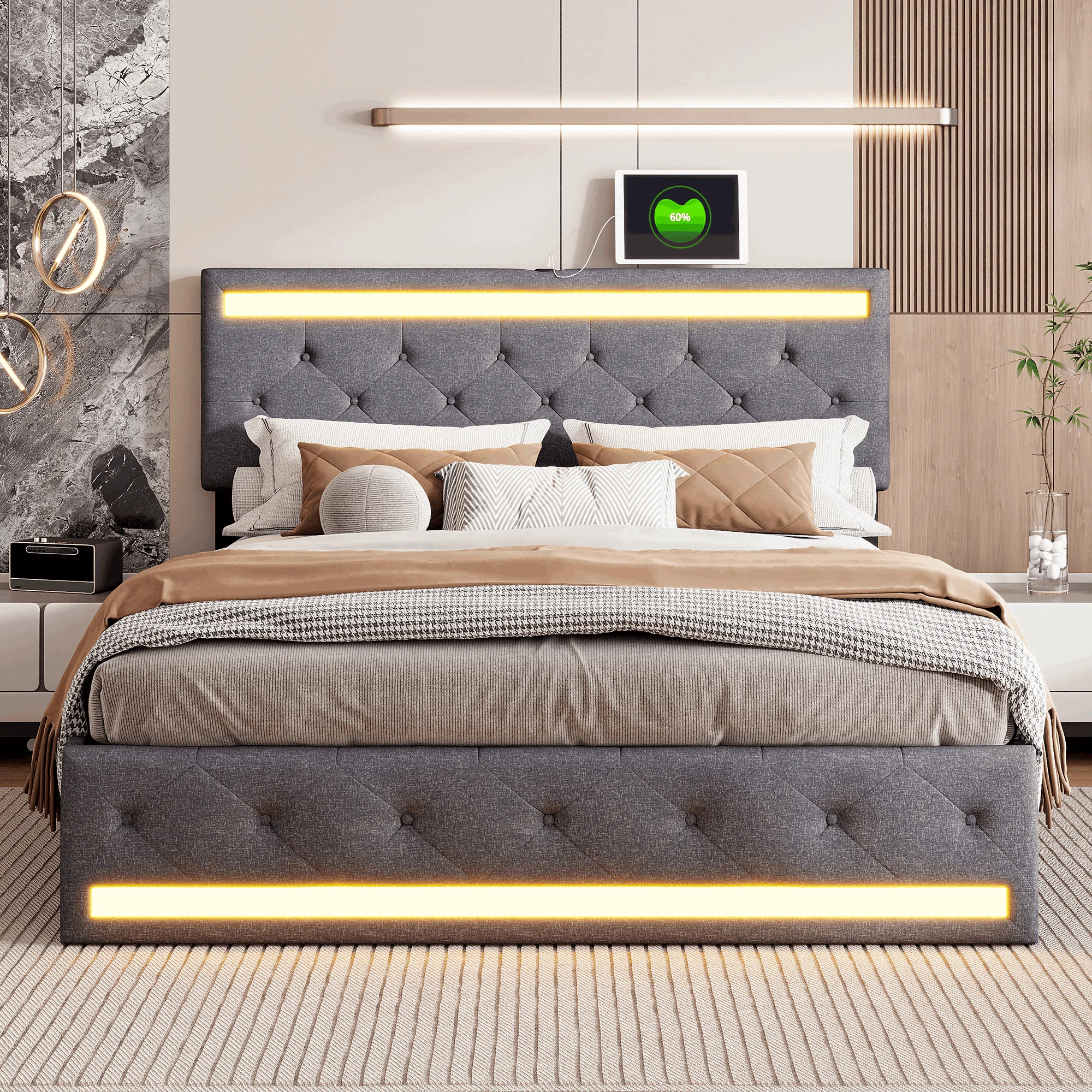 Łóżko podwójne tapicerowane Anajqaqia 140×200 cm, z listwą LED i ładowaniem USB, z 4 szufladami i zagłówkiem z oparciem