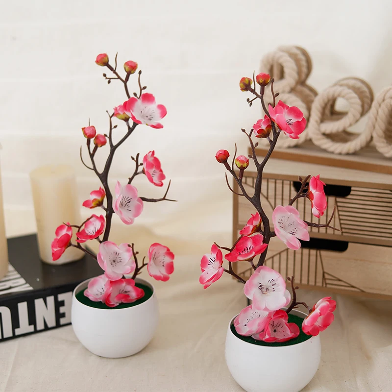 Bonsai-Pflaumenblüten aus Seide, künstliche Topfpflanzen, Blüten, Simulation, Pflaumenzweig, Topf, Hochzeit, Zuhause, Zimmer, Garten, DIY-Dekoration