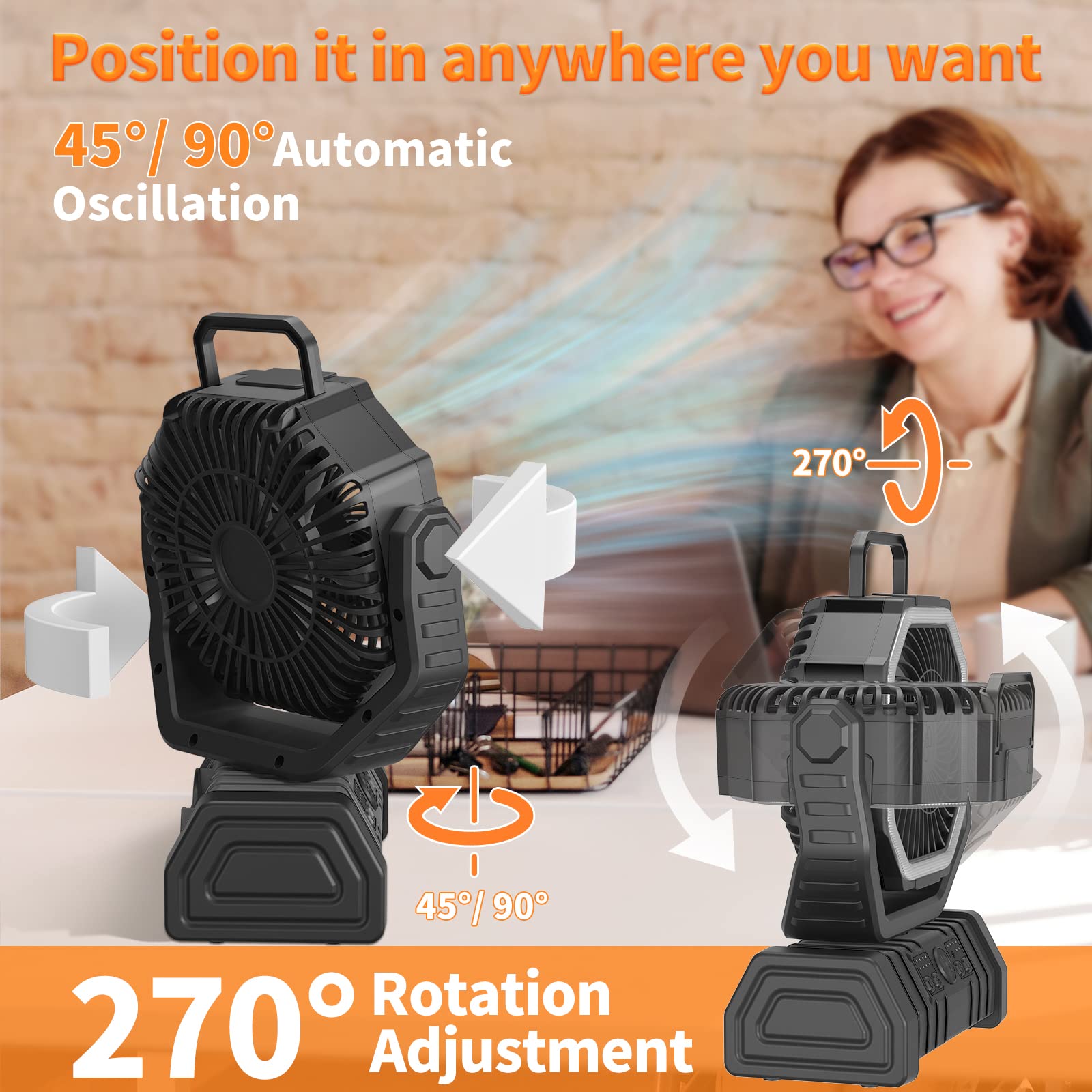 ワイヤレス移動式空気循環器,大容量バッテリー,LEDライト,キャンプファン,フック付き屋外換気装置,20000mah