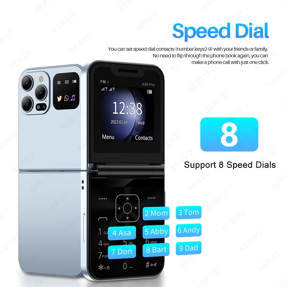 SERVO A50 PRO Flip Mobile Phone 2.4" Display Speed Dial Call Recording Blacklist 2 SIM Unlocked Foldable Cellphones New Version