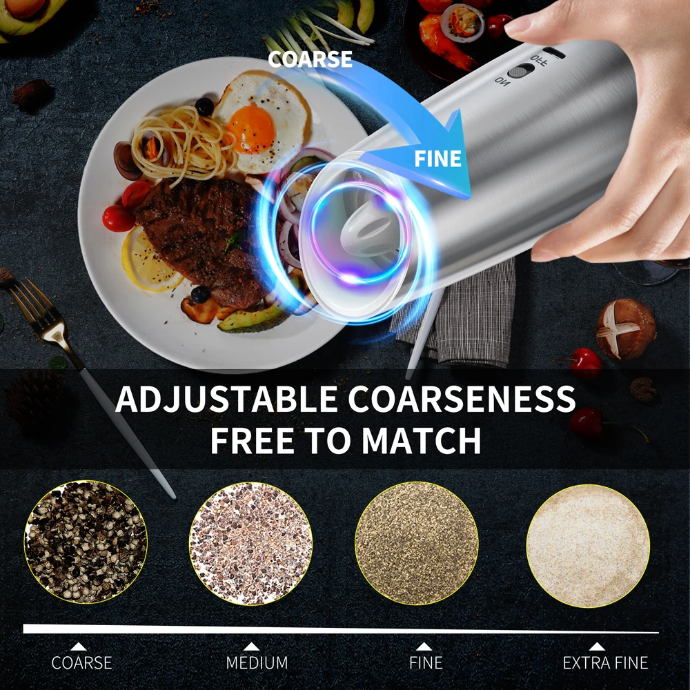 Molinillo de sal y pimienta eléctrico con sensor de gravedad, molinos de especias ajustables con luz LED para cocina, dispositivo inalámbrico automático
