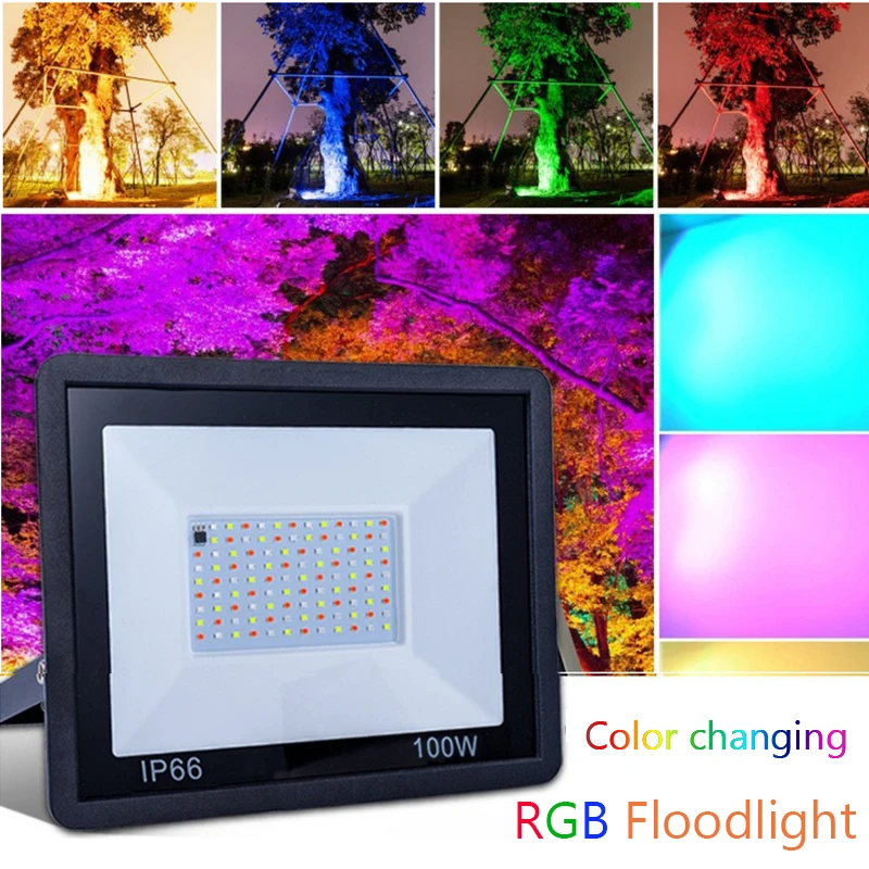 Timeable RGB LED Floodlight Outdoor IP66 Waterproof Path Light AC220V 10W 30W 50W 100W Garden Porch Courtyard Lamp with Remote