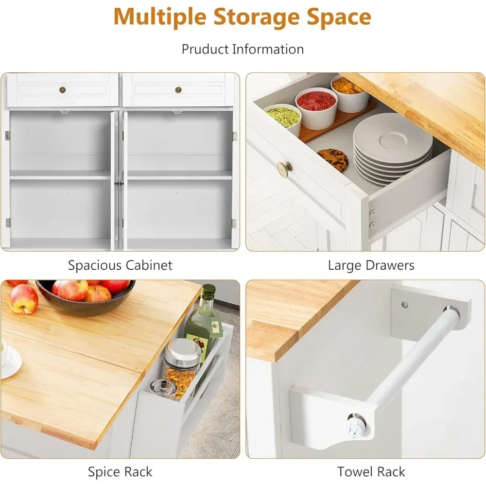 Kitchen Cart with Wood Top and Drop Leaf Breakfast Bar, Rolling Mobile Kitchen Island Table on Wheels with Drawer