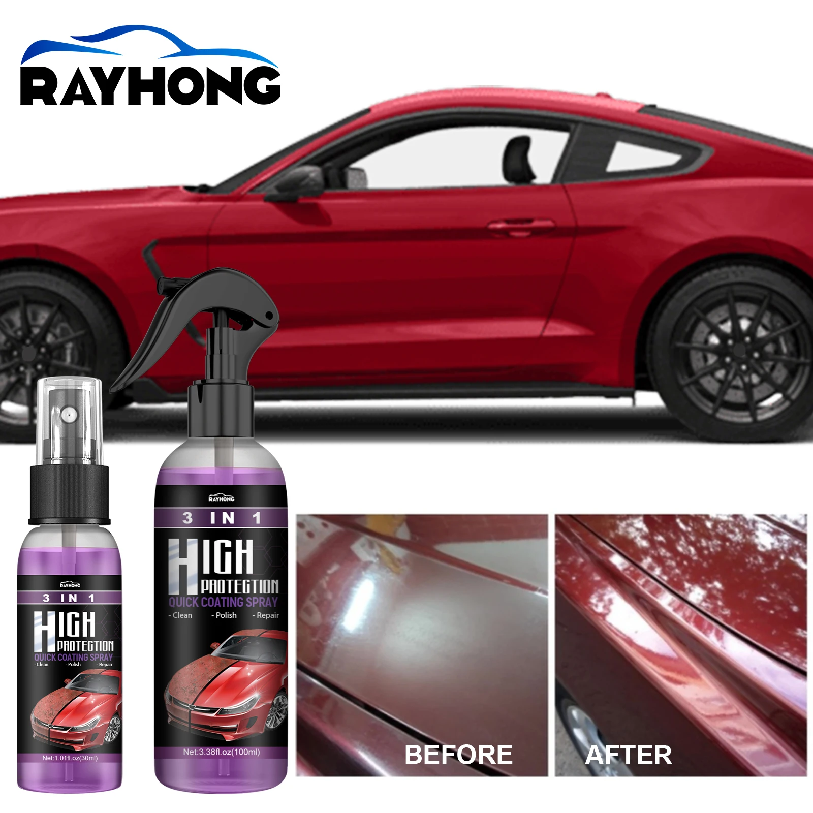 Rayhong 3 in 1 Rivestimento in ceramica per auto Nano Agente di rivestimento Rivestimento in cristallo Liquido idrofobico Anti-graffio Rivestimento in cera per auto Auto Poli