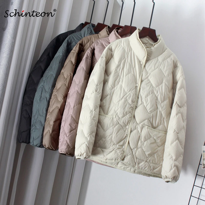 Schinteon feminino ultraleve pato branco para baixo jaqueta outono inverno outwear casual argyle gola simples casaco estilo coreano