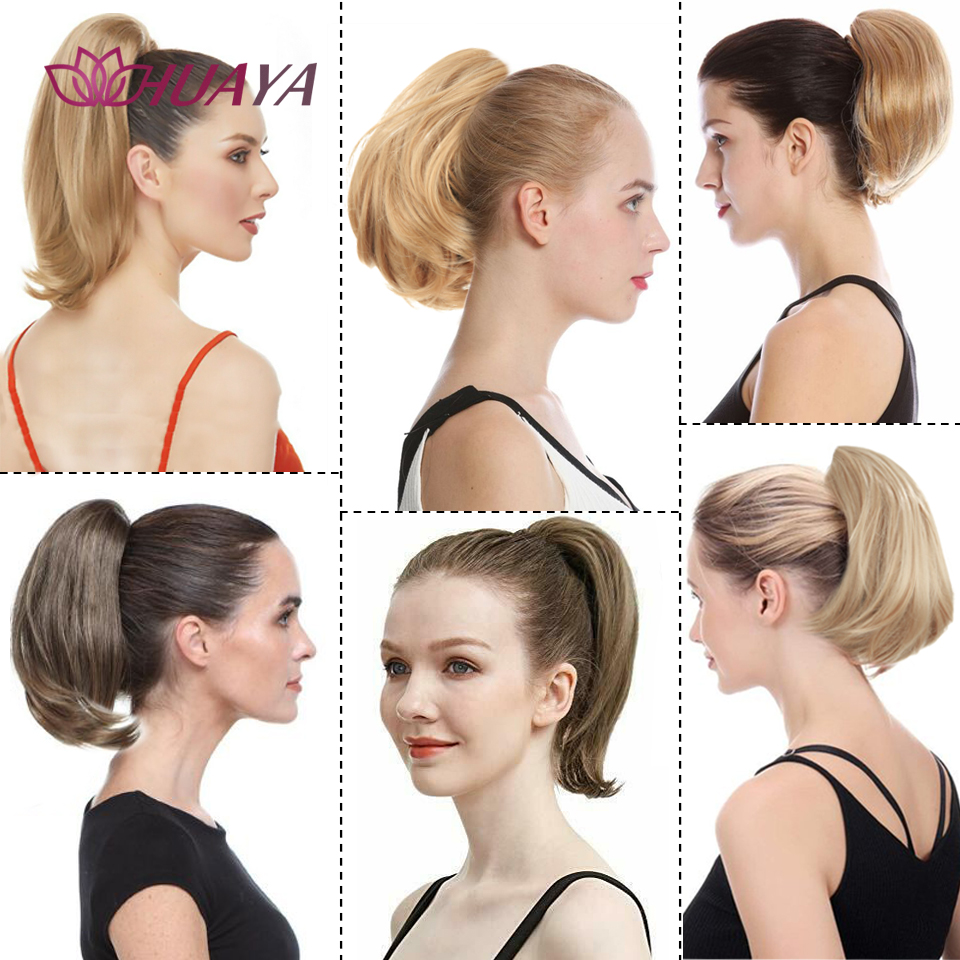 HUAYA-extensiones de cabello de cola de caballo con pinza sintética, pelo falso de cola Natural recta corta para mujer, postizo negro con cola de caballo