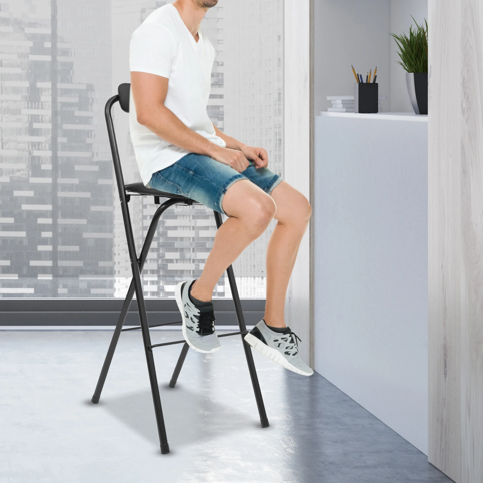 Black Portable Foldable Bar Chair Tall Folding Stool with Sponge Seat Backrest  275lbs Load Bearing for Home Bar Cafe Office