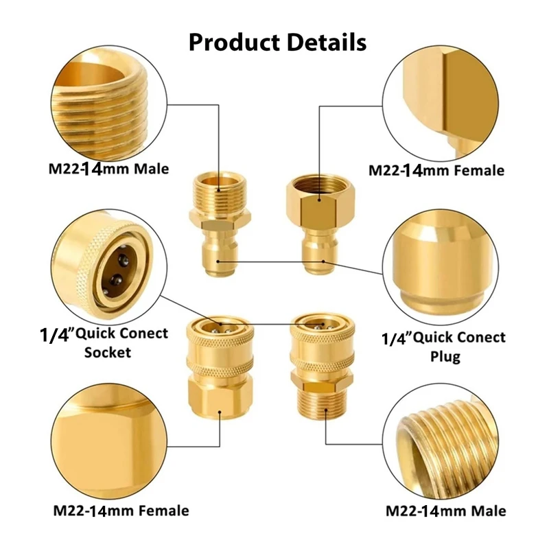 ทองเหลือง M22-14mm/15 มม.ถึง 1/4 นิ้วเครื่องซักผ้าความดันอะแดปเตอร์ชุด Quick Connection & Disconnect สําหรับเครื่องซักผ้าท่อปั๊ม 5000 PSI