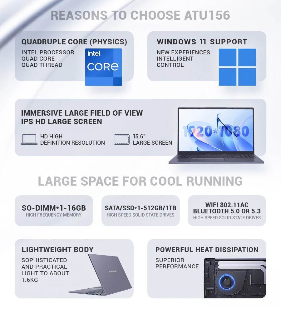 Firebat AT15 노트북 Intel N150 CPU 15.6 인치 16GB RAM 512GB SSD 경량 비즈니스 컴퓨터 노트북 BT4.2 WiFi5 1080*1920