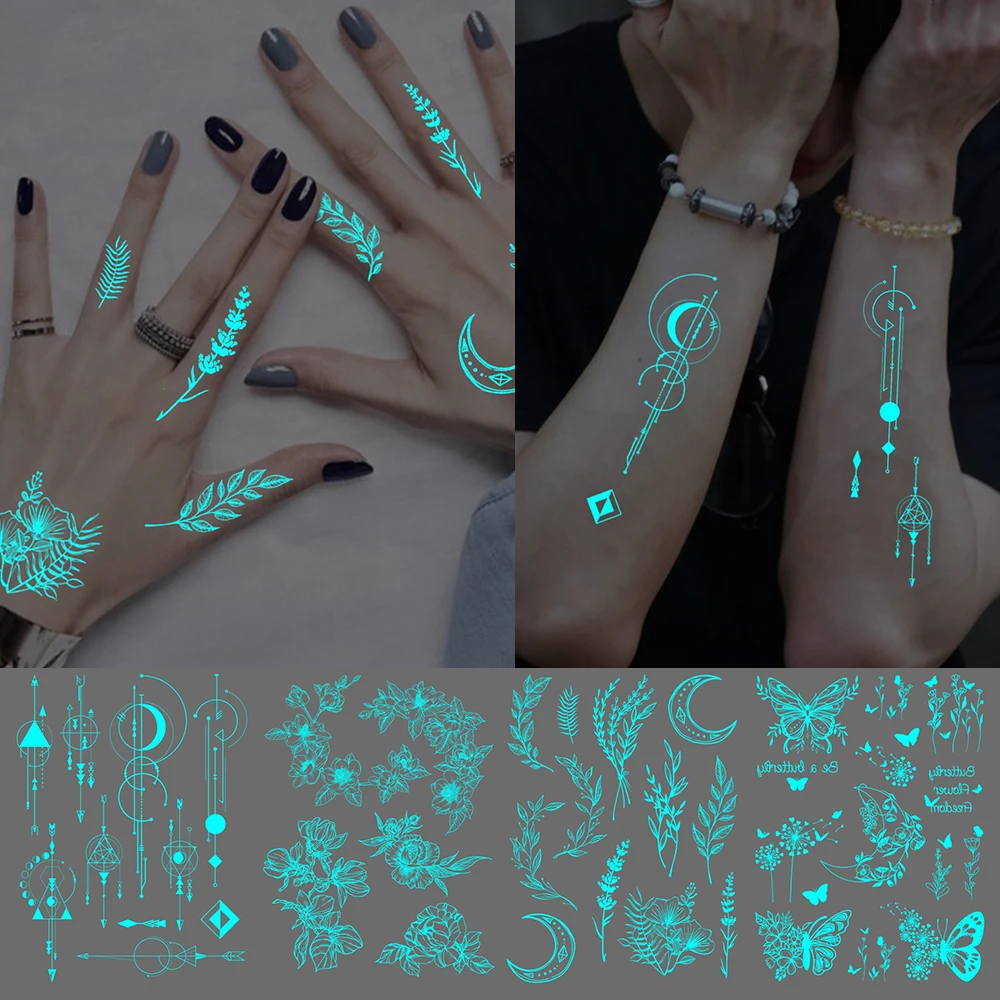 4 stücke Blau Leuchtende Wasserdichte Temporäre Tattoo Aufkleber Geometrische Schmetterling Blume Rose Mond Frauen Männer Arm Körper Kunst Gefälschte Tattoos