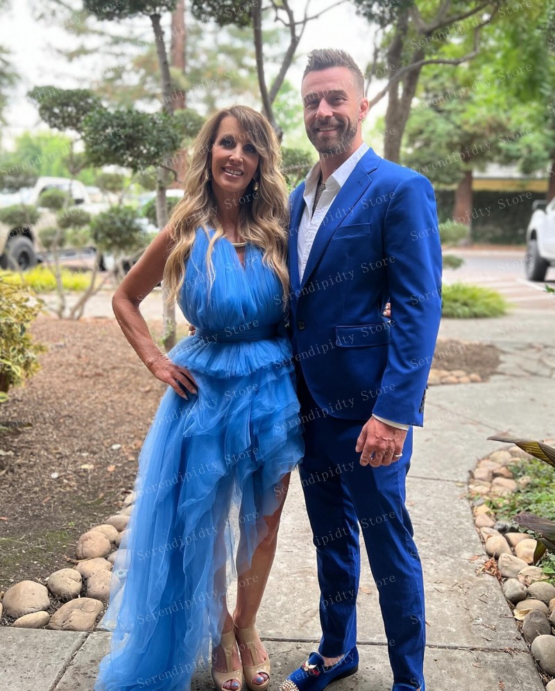 Serendipidty-水色のチュールボールガウン,Vネック,レイヤードフリルドレス,非対称,ハイエンド,オープンバック,ウエディングドレス