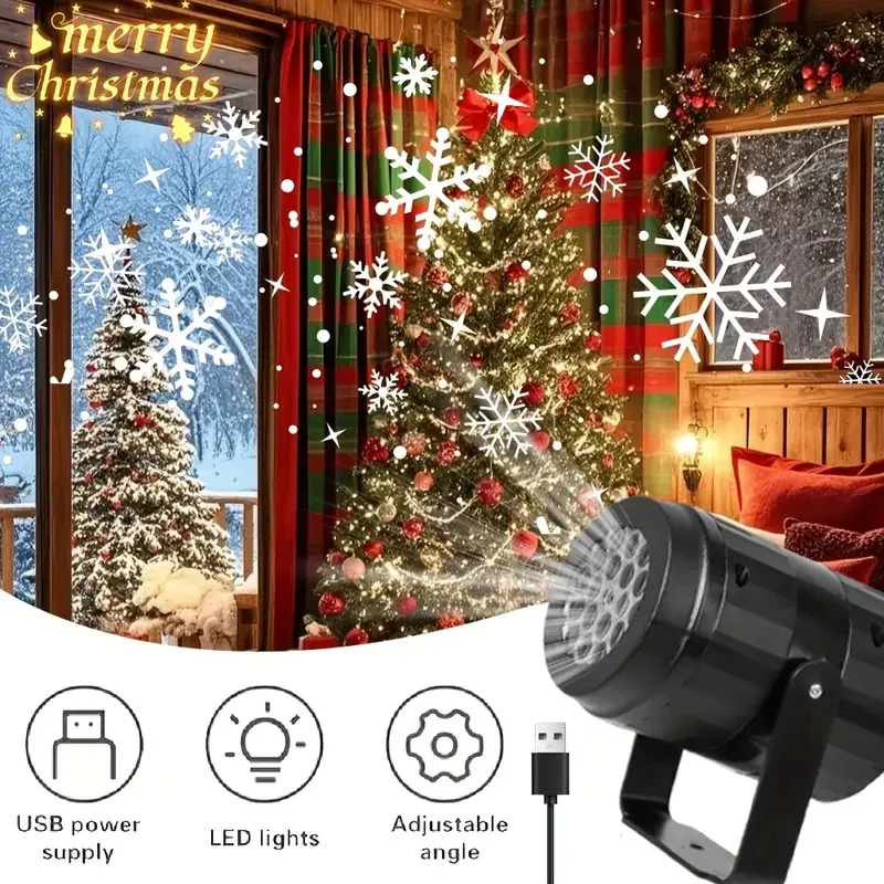 Schneeflocken-Projektionslicht, USB-betrieben, rotierende LED-Bühnenlampe, Urlaubsatmosphäre, Lampe für Party im Innenbereich, Weihnachten, Neujahr, Dekoration