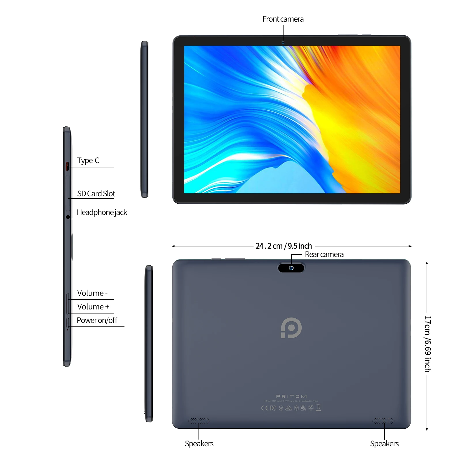 PRITOM 10,1-Zoll-Tablet-PC Android 13 4 GB (2+2 VIRTUAL)) 64 GB Quad Core Bluetooth WiFi mit 3G-SIM-Kartensteckplatz