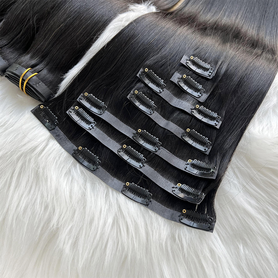 Yiwigs 12A ストレートシームレス PU 横糸クリップヘアエクステンション実体波 100% 本物の生人毛未処理 100 グラム 7 ピース/セット