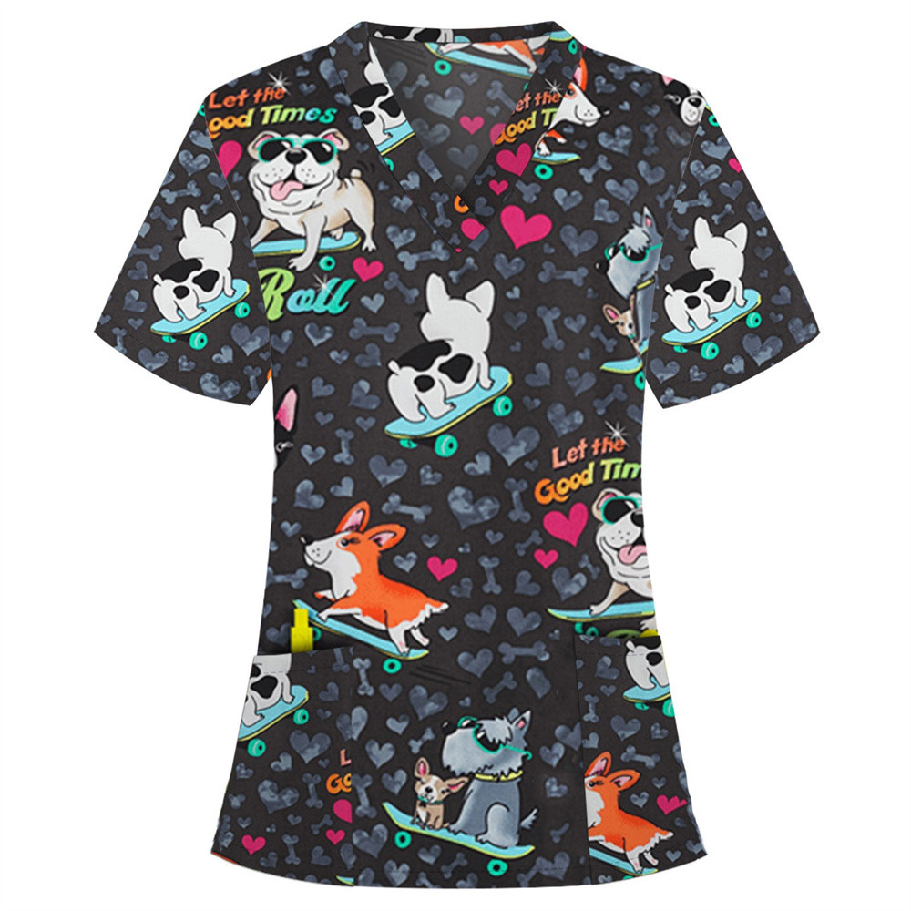 Uniforms for Nurses Summer Clothes Women Nurse Scrub Top Durable Easy-Care with Animal Print & Practical Pockets Nurse Uniform