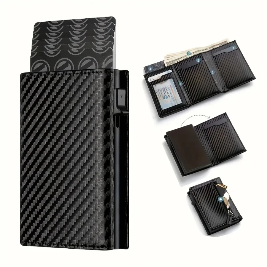 Men's Wallet with Zipper Coin Purse Automatic Pop-up Metal Credit Card Holder Minimalist RFID Blocking Business Card Wallet Idea