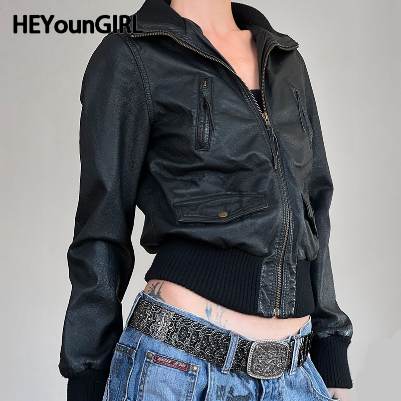 HEYounGIRL Kunstleder Rollkragen Reißverschluss Mantel Punk High Street Schwarz Racing Jacke Vintage Mode Winter Outwear Damen Outfit