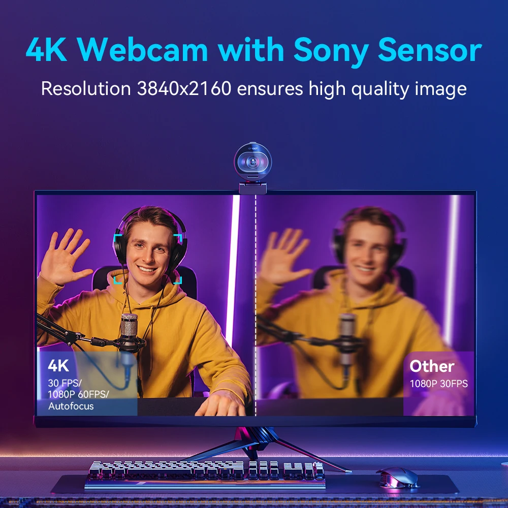 Câmera Web com microfones e capa de privacidade para Tiktok e YouTube, foco automático, streaming, foco automático, 1080p, 60FPS, webcam 4K