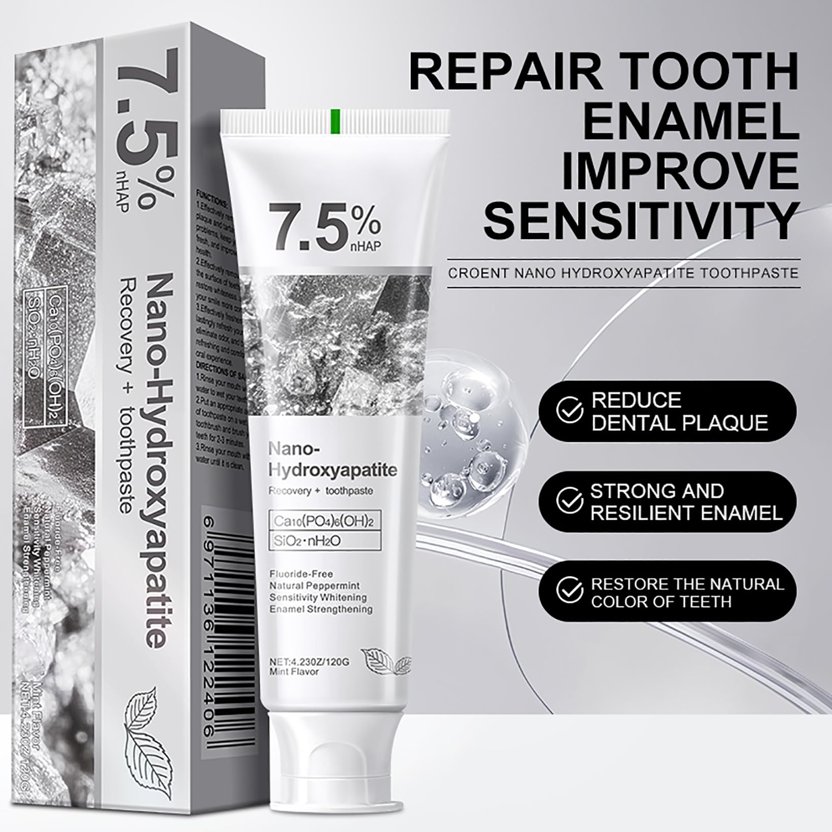 Pasta de dientes hidrosapatita 7,5% para una protección avanzada del esmalte, adecuada para dientes sensibles, fórmula suave y efectiva fresca