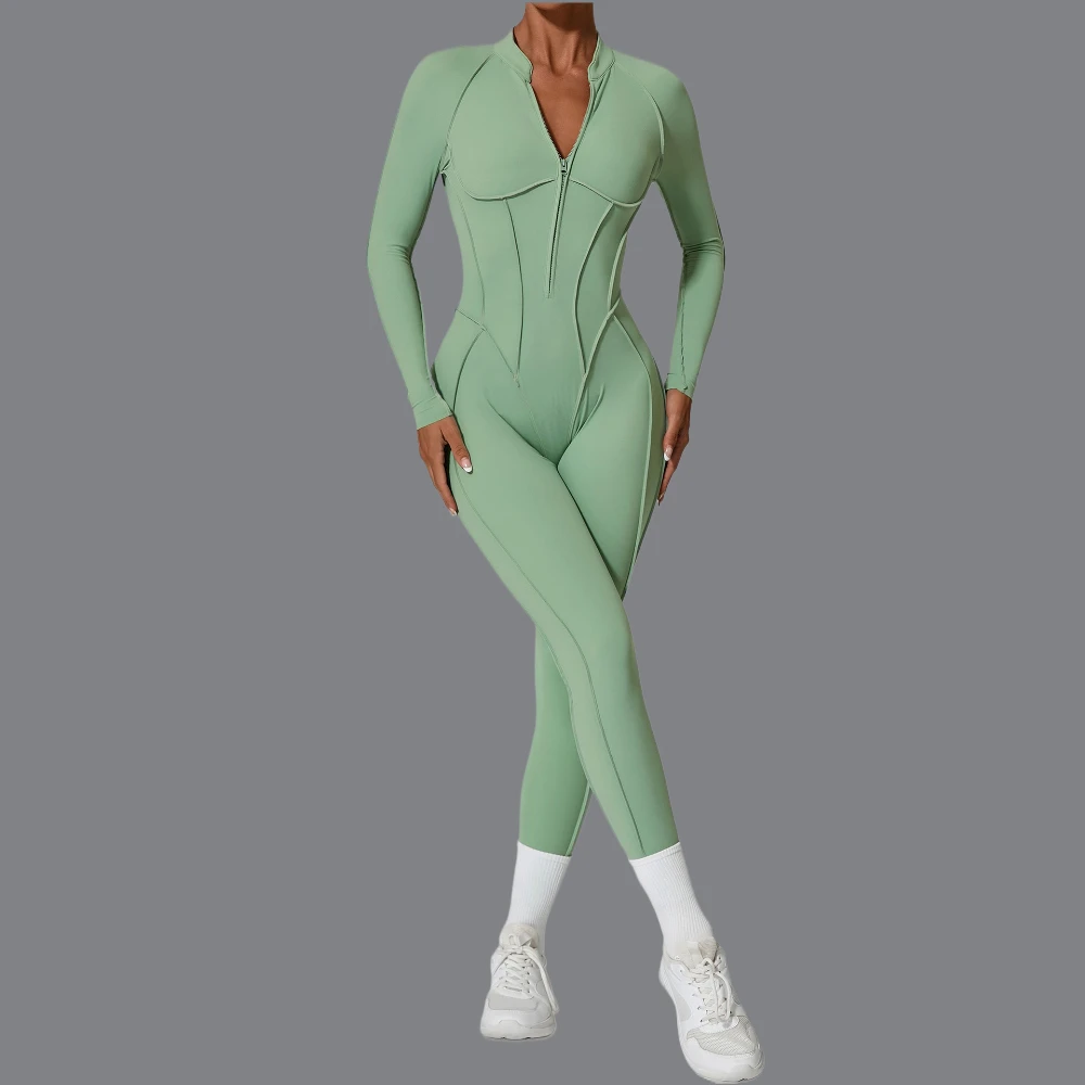 Women's Sports Jumpsuit Yoga Fitness Set with Zipper & Chest Cushion Bare Back High Elasticity Soft Fabric Gym Workout Bodysuits