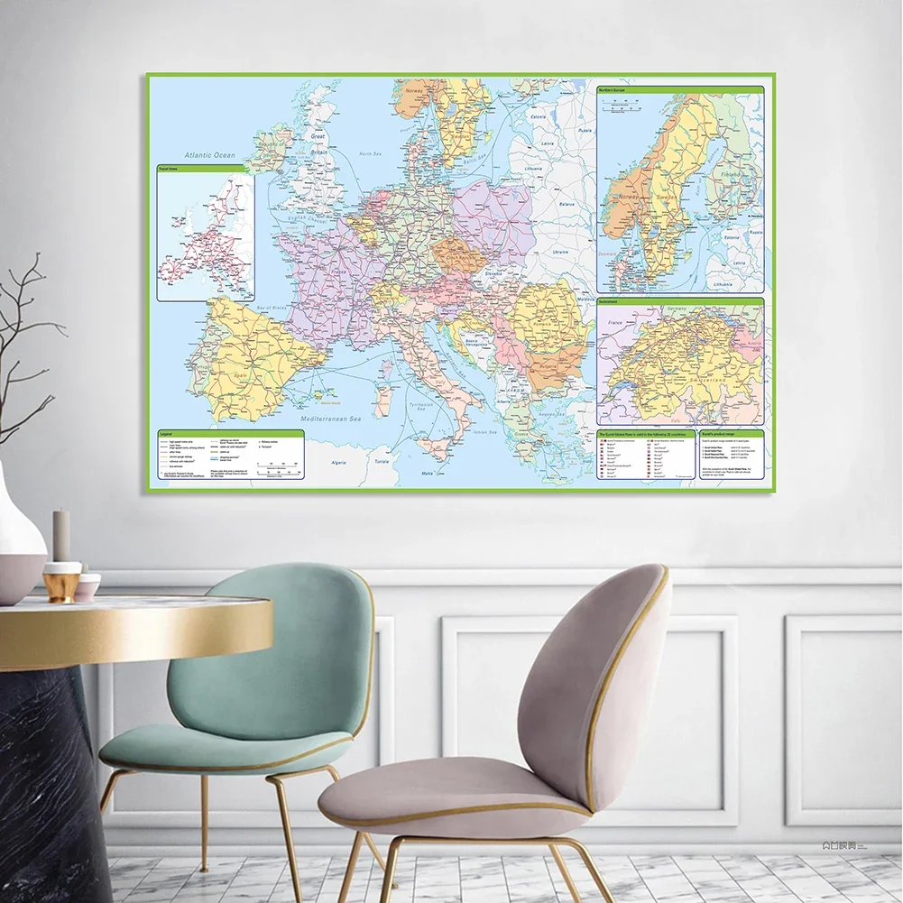 225*150Cm Trong Châu Âu Chính Trị Và Tuyến Giao Thông Bản Đồ Treo Tường Poster Không Dệt Tranh Canvas Đồ Dùng Học Tập lớp Học Trang Trí Nhà
