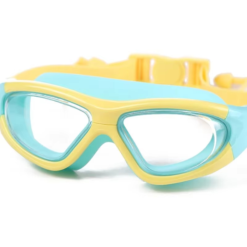 Occhiali da nuoto con montatura grande per bambini impermeabili e antiappannamento ad alta definizione, occhiali comodi Tappi per le orecchie collegati in silicone