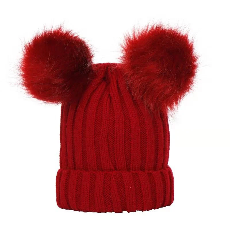 겨울 여성 비니 모자 가짜 모피 공 어머니 키즈 모자 소녀 소년 따뜻한 니트 Bobbles 여성 모자 십대 그릴 Beanies