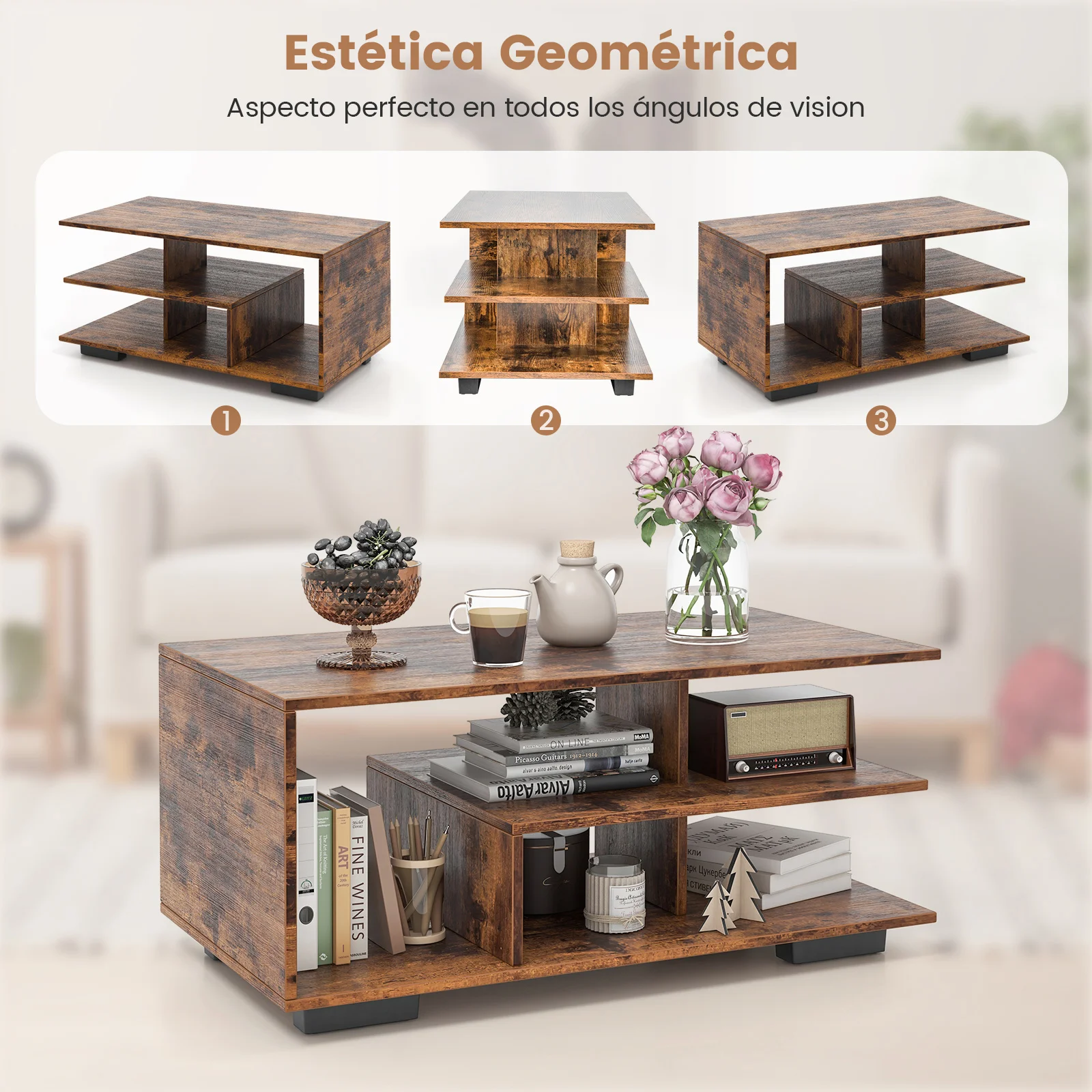 Mesa de Centro, Mesa de Salón con Almacenamiento en 3 Niveles, Mesa de Café Rectangular Moderna con Estante Medio en Forma de L, Mesa Geométrica Versátil para Sala de Estar