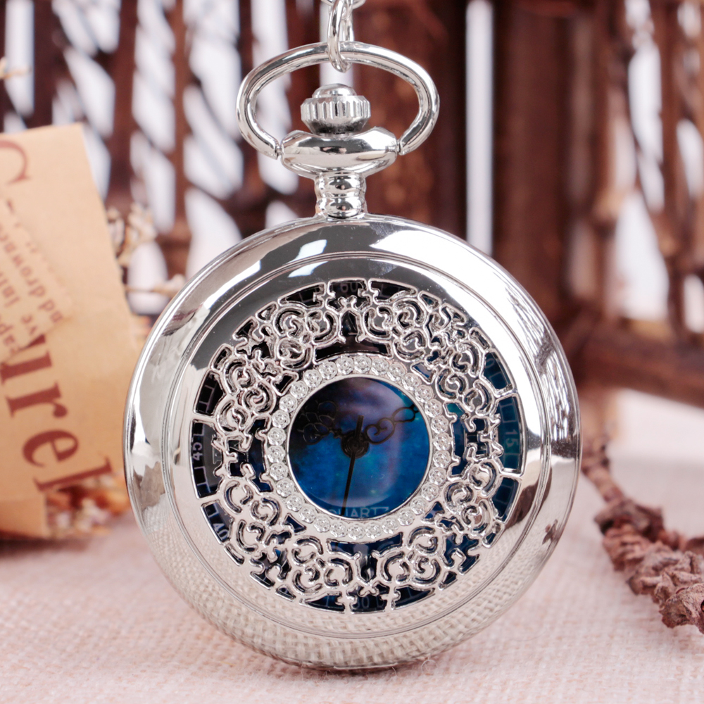 Hollow Starry Blue Dial zegarek kieszonkowy naszyjnik w stylu vintage najlepsze prezenty modny zegar nowi mężczyźni kobiety wykwintne zegarki Relogios