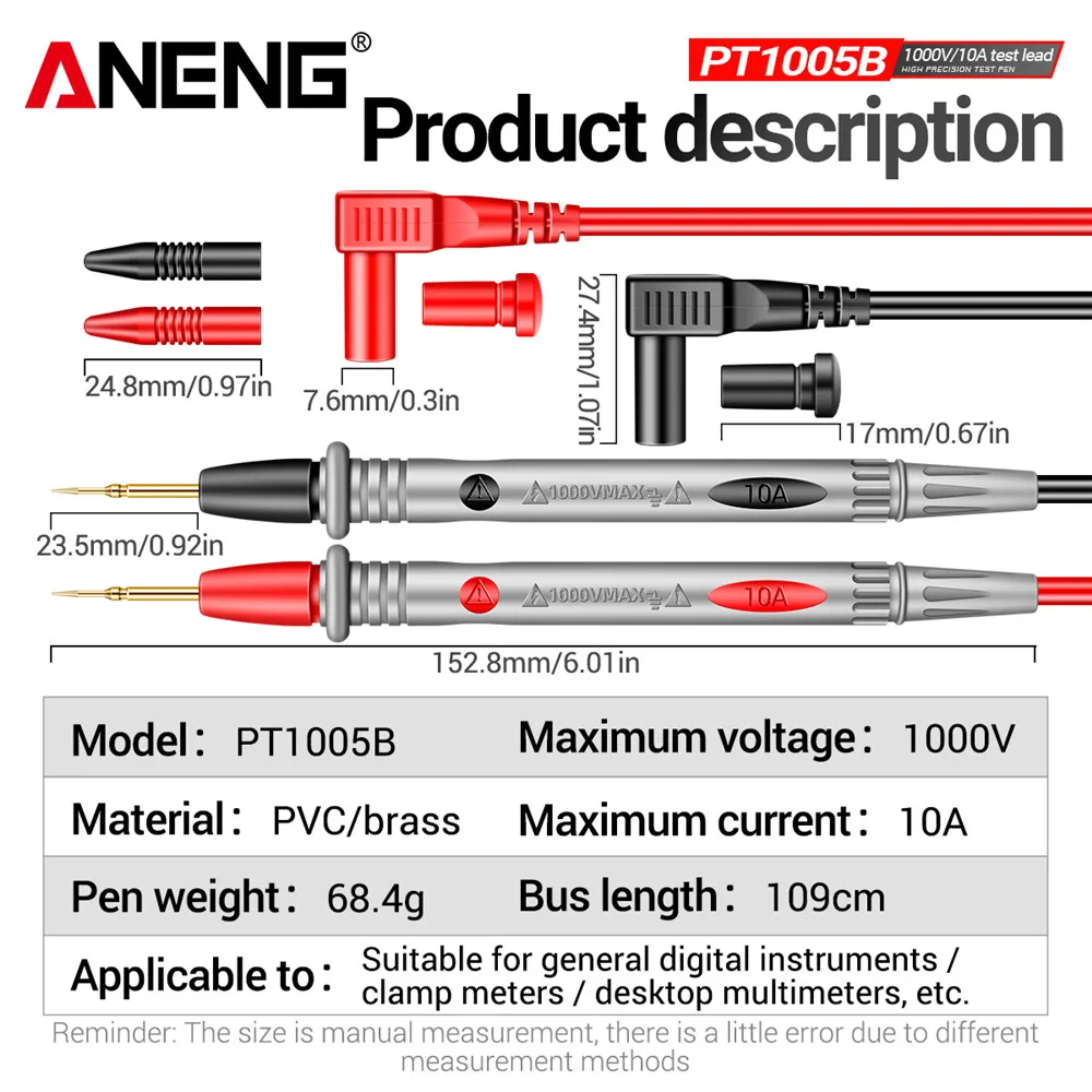 ANENG PT1005B 10A 1000V DIGITAL MULTIMETER Probe Universal ทดสอบเข็ม PIN ปากกาลวดชุดสายเคเบิล Current เครื่องทดสอบโวลต์มิเตอร์ลวด