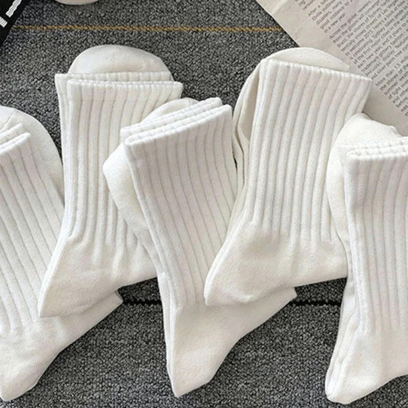 5 pares de calcetines de longitud media para hombre de otoño e invierno, calcetines deportivos blancos antiolor, absorbentes del sudor y transpirables
