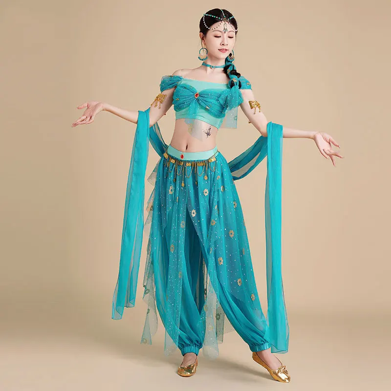 Conjunto de disfraz de danza del vientre para mujer, traje de princesa árabe, Bollywood indio, Cosplay de jazmín para Halloween, Festival de adultos
