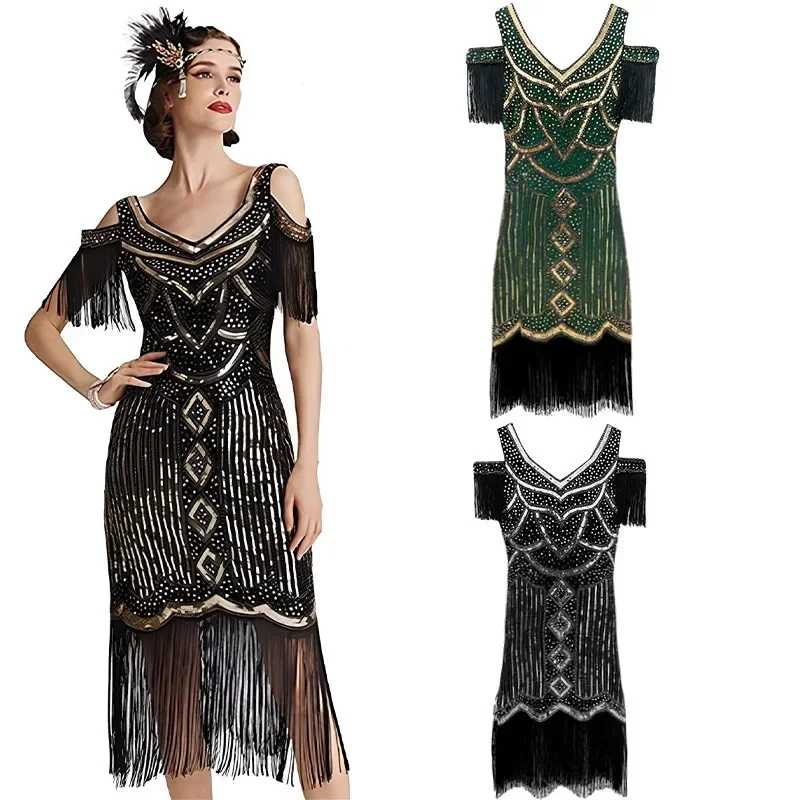 Vestido de noche Vintage Gatsby para mujer, traje Sexy con borlas y lentejuelas para fiesta temática 2024, novedad de 1920