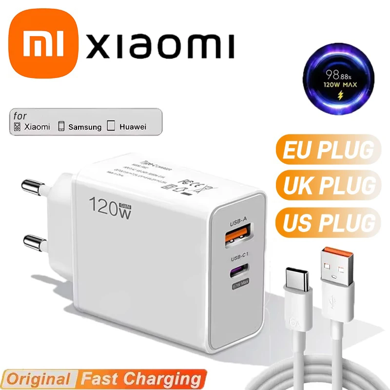 Xiaomi 120W cargador Original Turbo rápido UE EE. UU. Reino Unido adaptador de hipercarga de pared Cable Usb 6A tipo C para Xiaomi 13 12 11 Ultra Redmi
