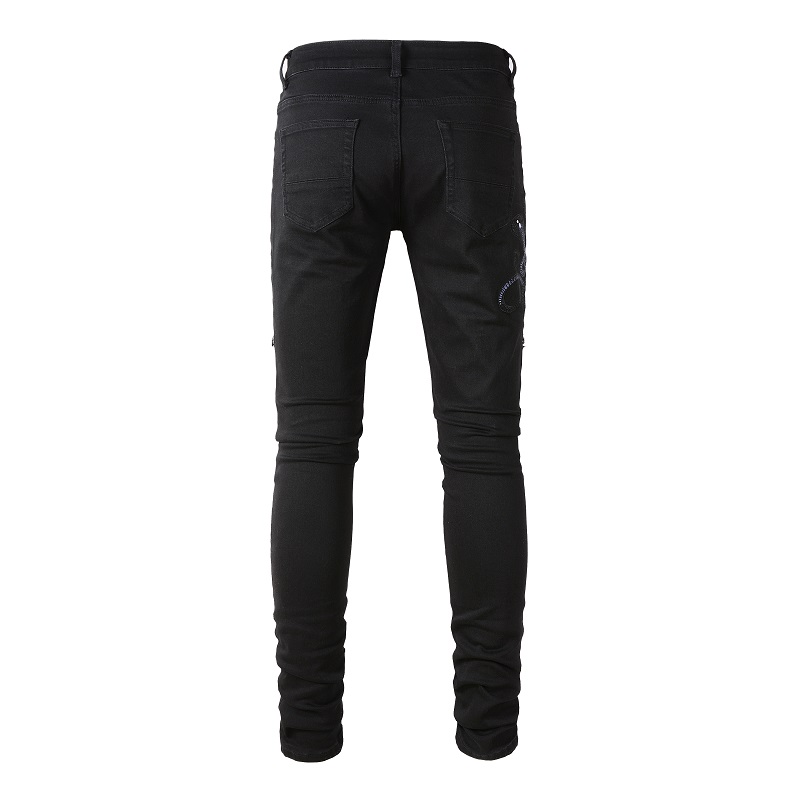 Jean brodé serpent pour hommes, pantalon en Denim extensible, slim, conique, trous, Patch en cuir déchiré, Patchwork, noir
