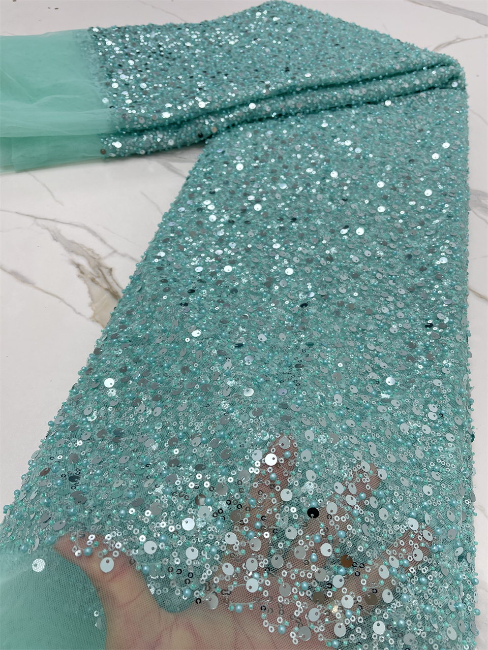 アフリカンヘビービーズレース生地ナイジェリアキラキラ、フレンチチュール、結婚披露宴用高級素材、高品質、5ヤード、2024