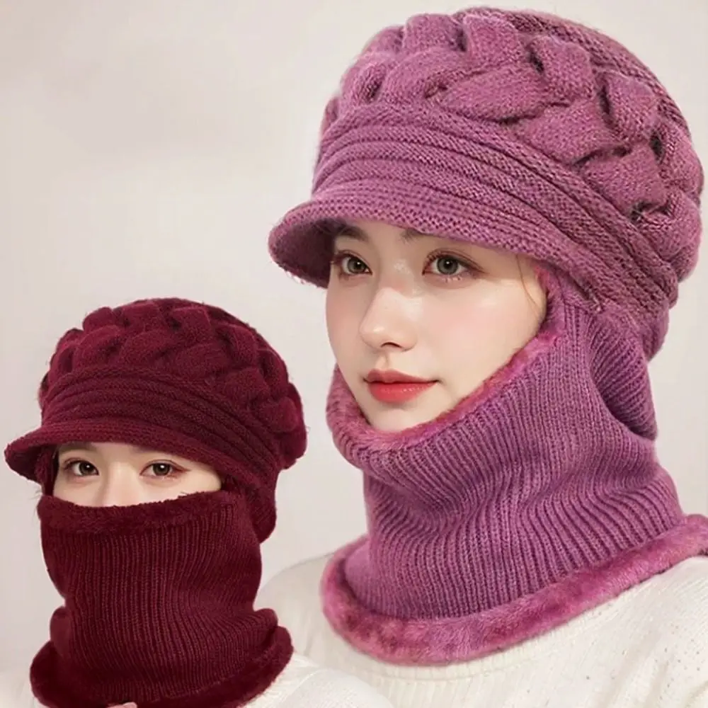 Modische Winter-Strickmütze mit winddichter Krempe, warme Gehörschutzmütze, verdicktes Fleece-Futter, Halswärmer-Set für Frauen